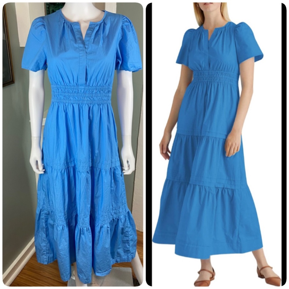 Quince Organic Cotton Poplin Cornflower Blue Tiered Maxi Dress Small S